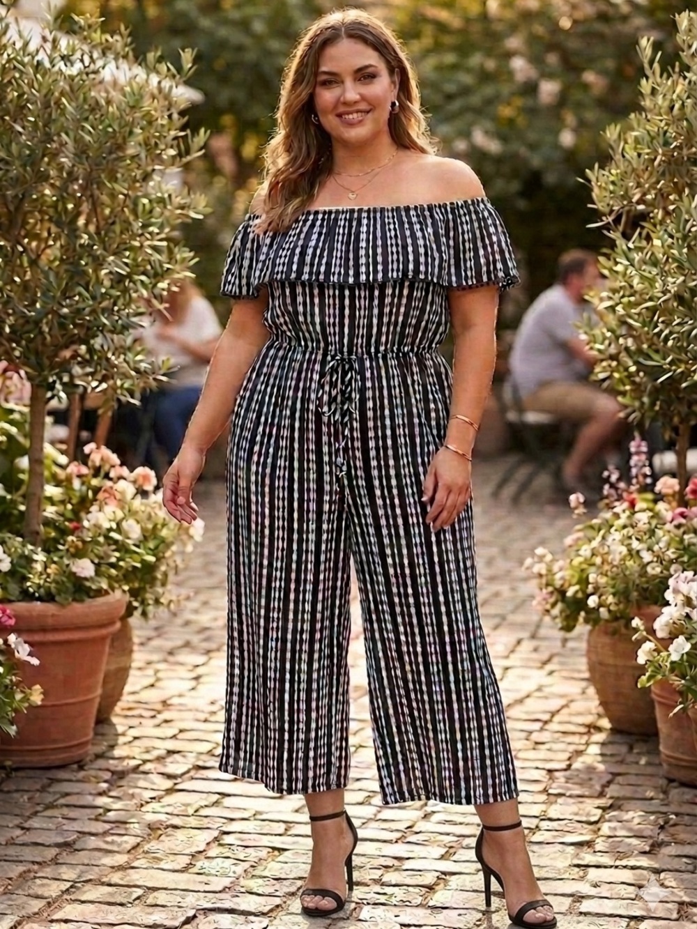 Roz & Ali Black and White Striped Jumpsuit Off The Shoulder Wide-Legs Size 2X